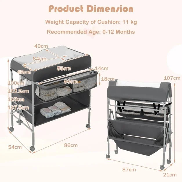 Nursery Changing Table with Folding Design, Lockable Wheels, and Storage Basket