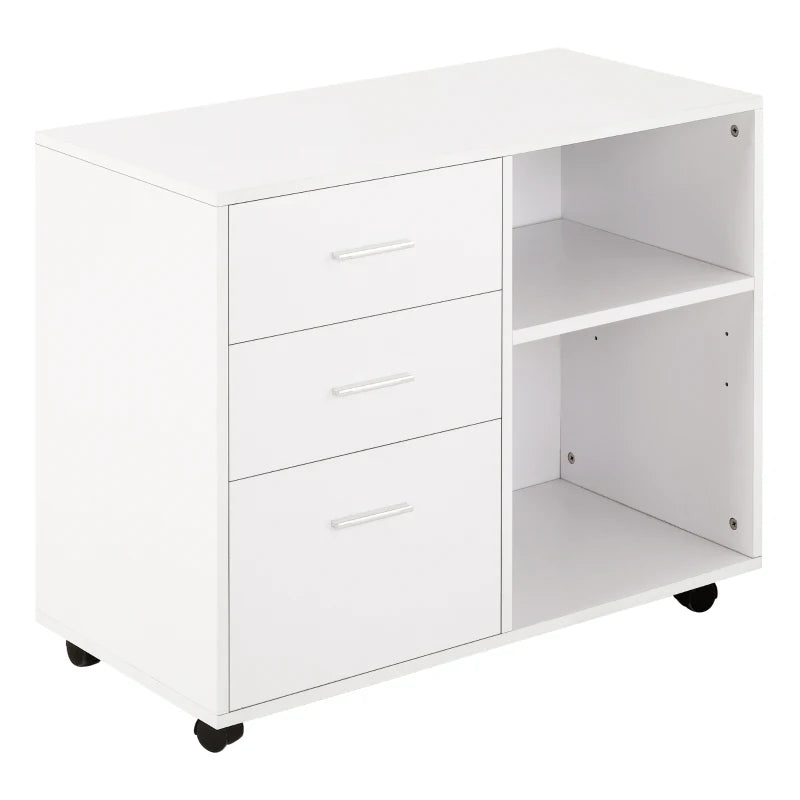 Desk Side Cabinet – White, 3 Drawers, 2 Shelves, Mobile Storage