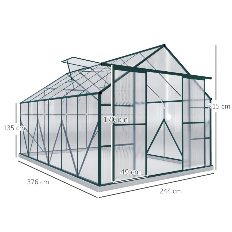 Aluminium Polycarbonate Walk-In Garden Greenhouse with Vent, Sliding Doors & Gutter, Clear, 8x12ft