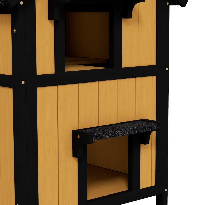 Wooden Cat House with Multiple Entrances & Flower Pot