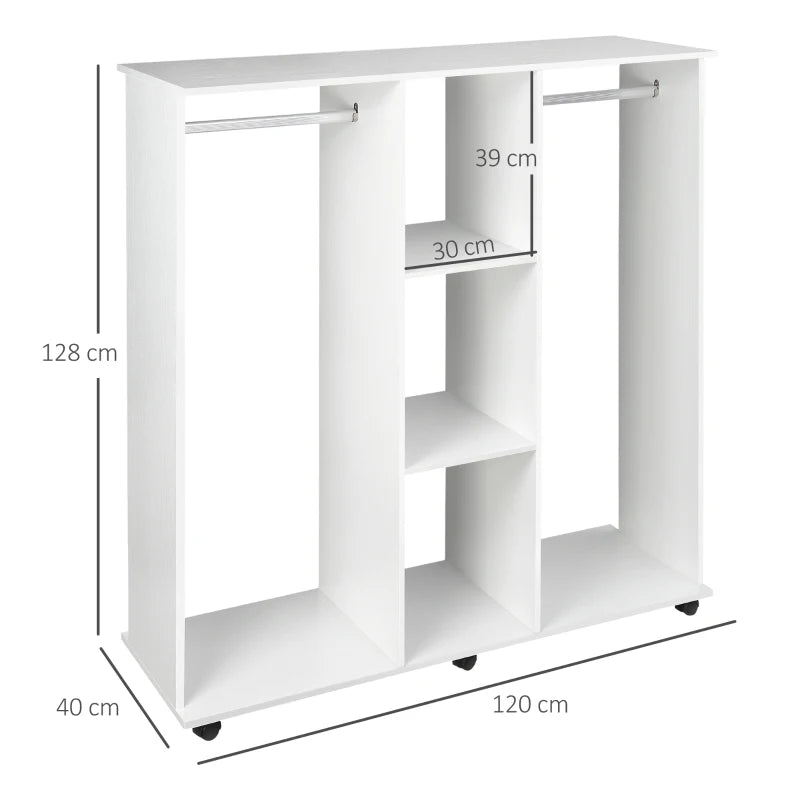 Open Wardrobe Storage – Double Shelves, White, 6 Wheels Mobile