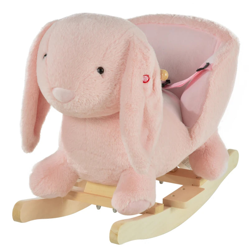 Plush Rocking Rabbit Ride-On Toy with Sound, Wood Base & Safety Seatbelt for 18-36 Months