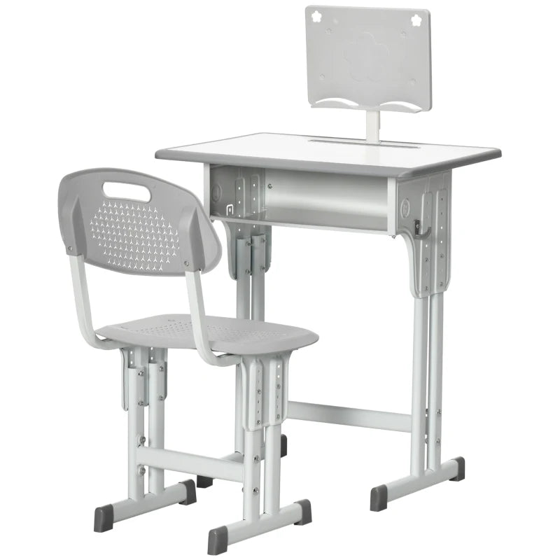 Grey Kids Desk & Chair Set, Adjustable with Book Stand & Pen Slot