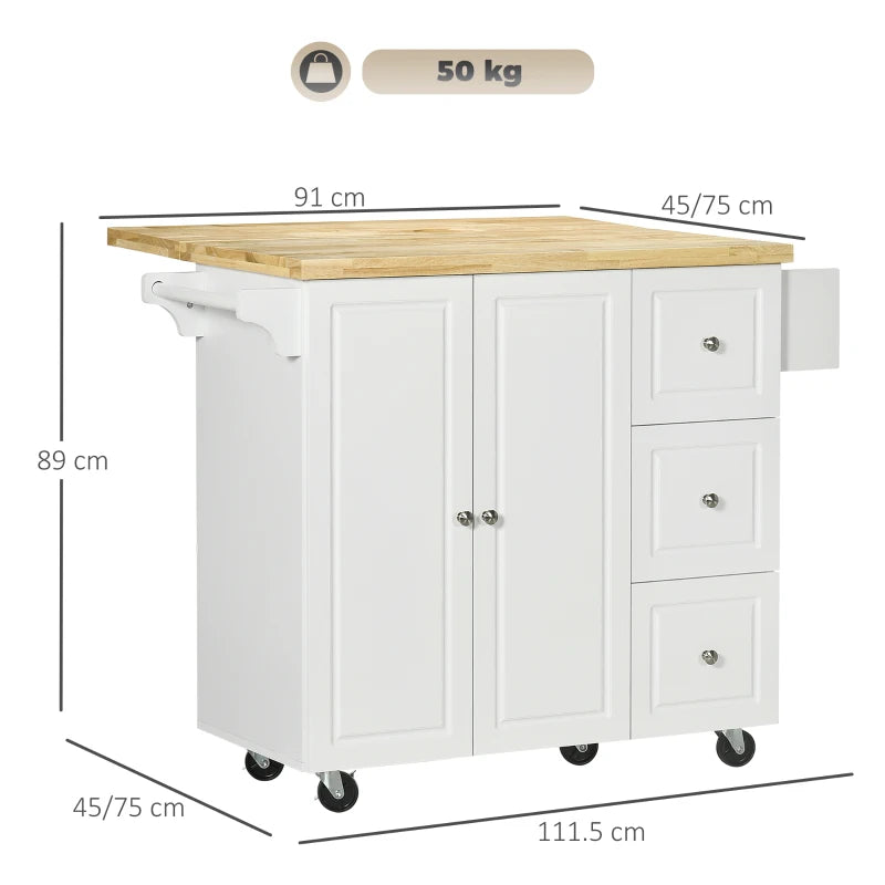 Utility Kitchen Island Cart with Drop-Leaf Top & Cabinet Storage - White