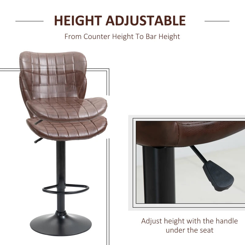 2-Piece Adjustable Swivel Bar Stools, Brown PU Leather, Backrest & Footrest