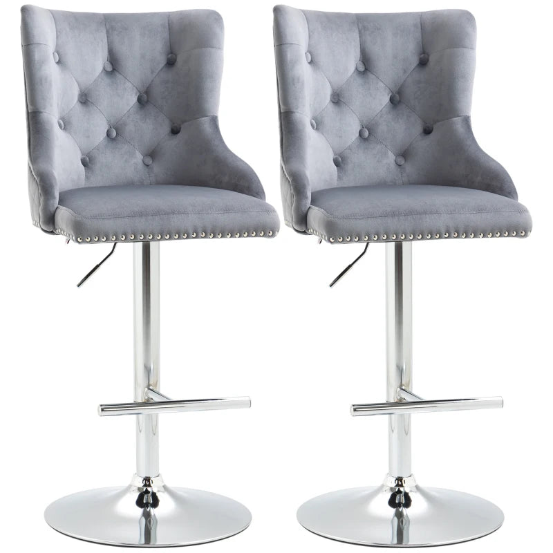 Bar Stools Set of 2, Tufted Swivel Velvet Chairs, Grey