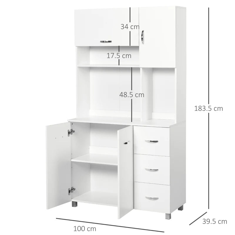 183cm White Kitchen Cupboard with Drawers, Doors & Open Shelves