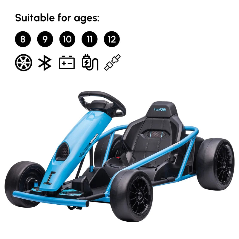 Kids 24V Electric Drift Go Kart, 2-Speed Ride-On Racer w/ Pedals & Wheel, Blue