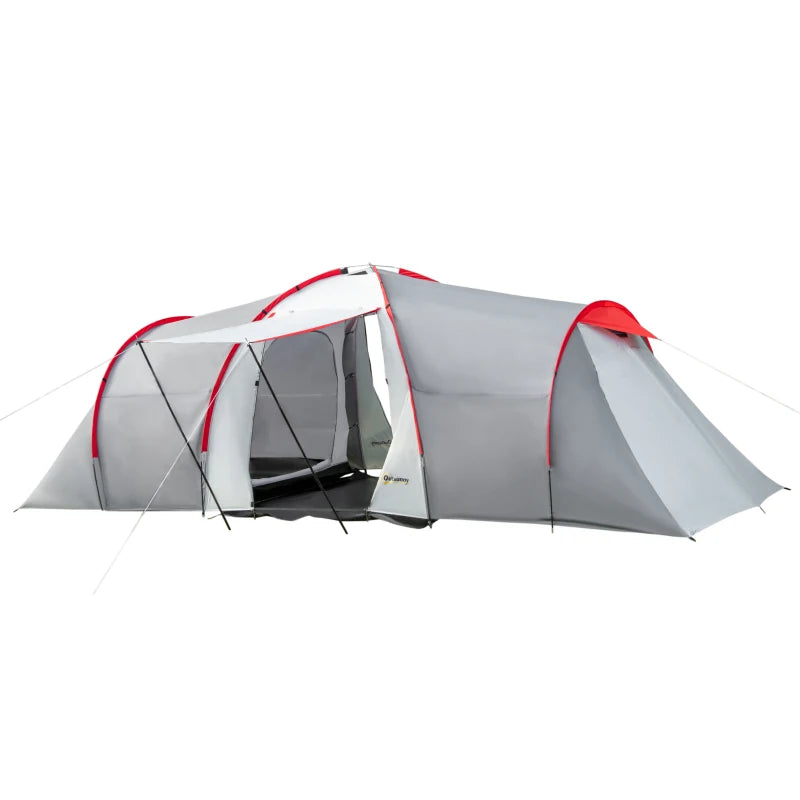 4-Person Tent – Tunnel Style with Living Room, Grey & Red