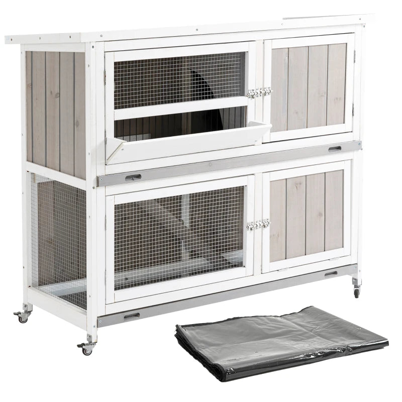 White Wooden Pet Hutch with Rain Cover & Mobility