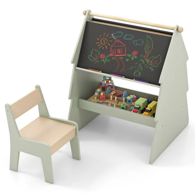 2-in-1 Kids Art Easel with Stool and Paper Roll Holder for Creative Play