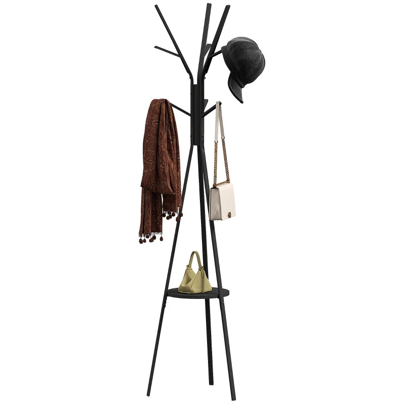 Freestanding Coat Rack with 9 Hooks & Shelf – Metal Hall Tree, Black