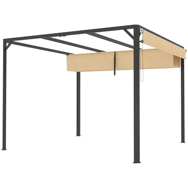 Khaki Aluminium Pergola with Retractable Roof and Wall for Patio or Garden, 3 x 3m