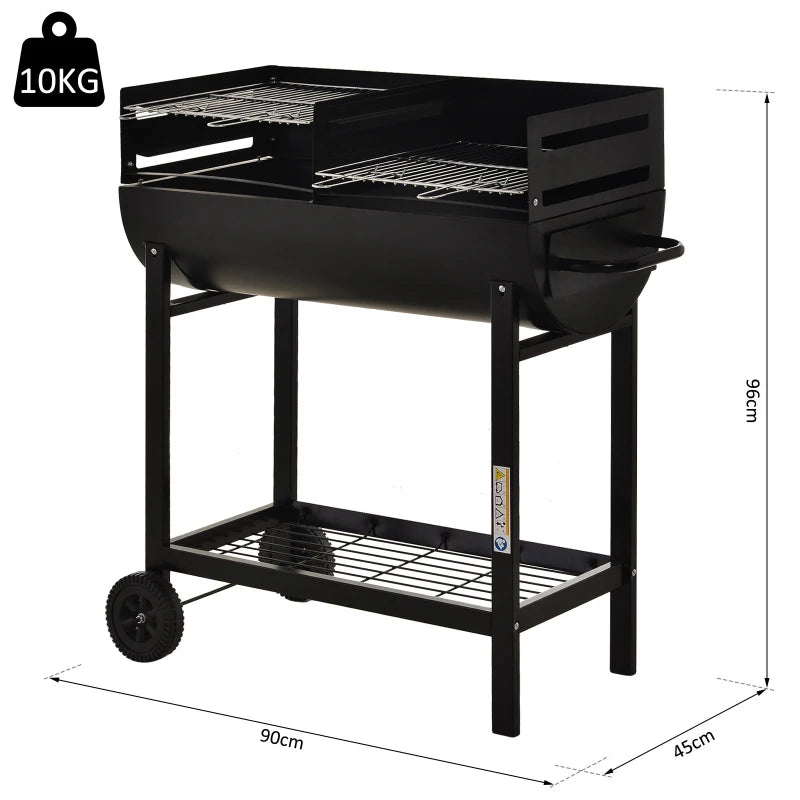 Black Steel 2-Grill Charcoal BBQ with Wheels for Convenient Mobility