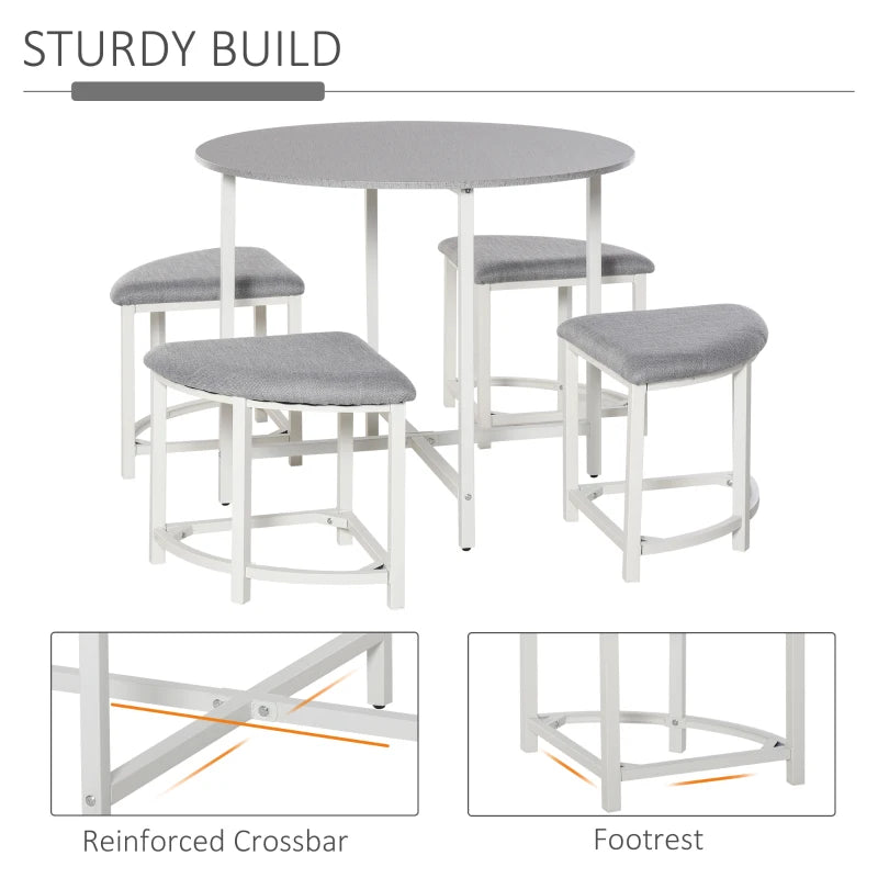 Round Dining Table with 4 Upholstered Stools – Modern Grey Dining Set