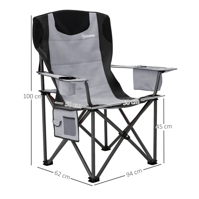 2-Pack Folding Camp Chairs – Adjustable Armrests, Grey with Storage