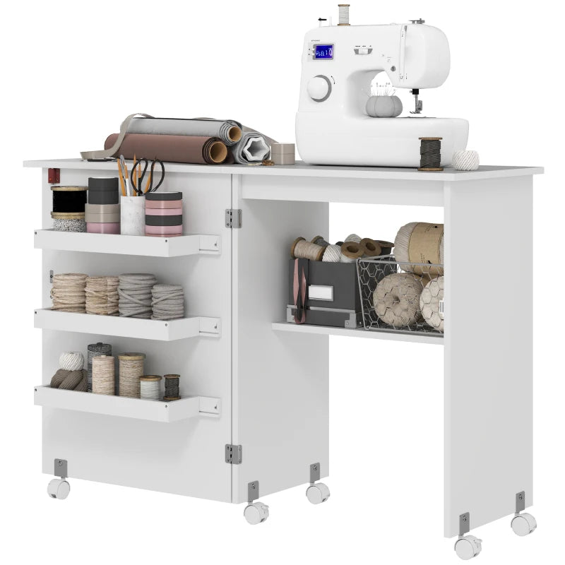 Folding Sewing Table with Storage, Drop Leaf & Wheels – White Craft Desk