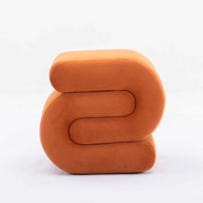 Velvet Pouffe Ottoman – S-Shape Wavy Design, Orange Foot Stool, Pre-Assembled