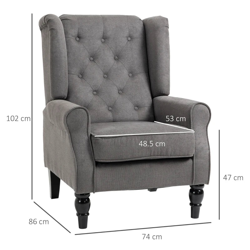 Wingback Accent Chair, Dark Grey Linen, Button Tufted & Wood Frame