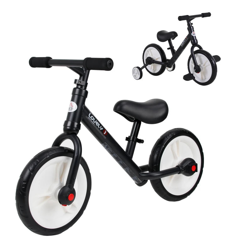 Black 11" Kids Balance Bike, EVA Tyres, Adjustable Seat, Ages 2-5, with Stabilizers