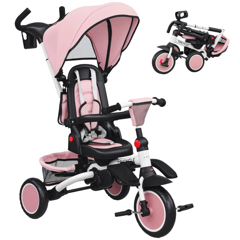 Foldable 6-in-1 Kids Trike with Canopy & Parent Handle – Pink Tricycle for Ages 1-5