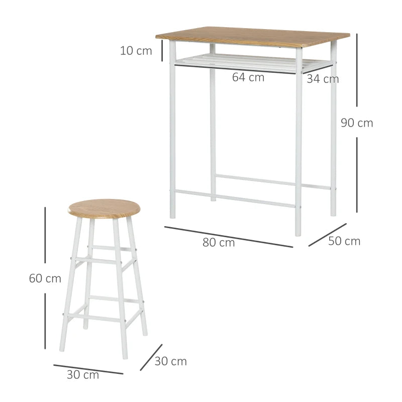 Bar Table Set, White and Oak, with Stools, Footrest & Storage Shelf