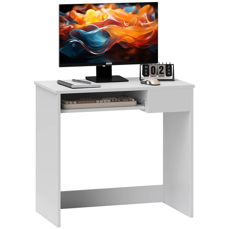 White Compact Office Desk – 80cm with Keyboard Tray & Storage Drawer