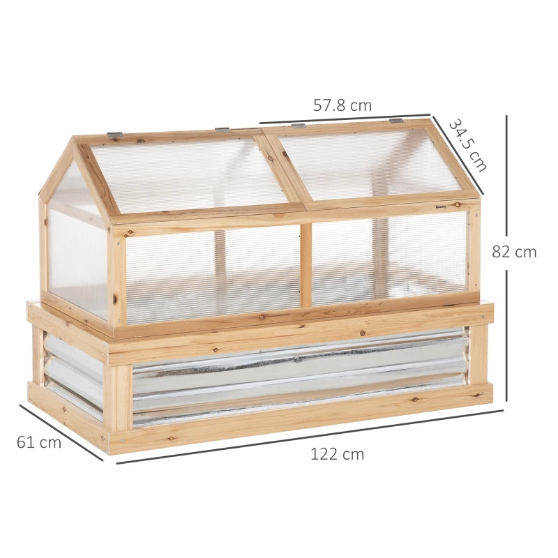 Raised Garden Bed with Greenhouse Top Wooden Cold Frame Planter with 2 Roofs, 122x61x82cm