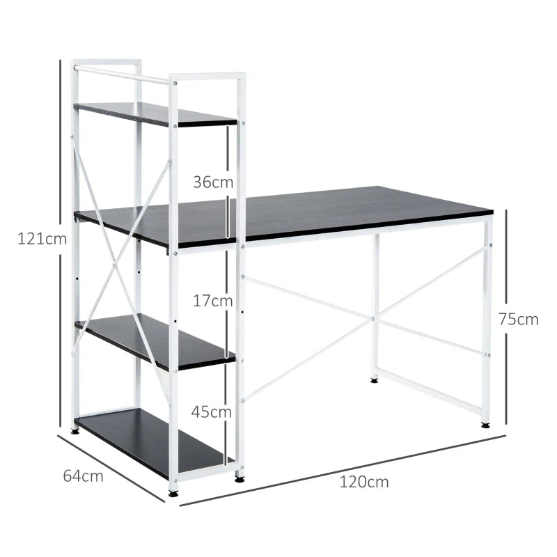 Home Office Desk with Shelves, 120cm – Black & White