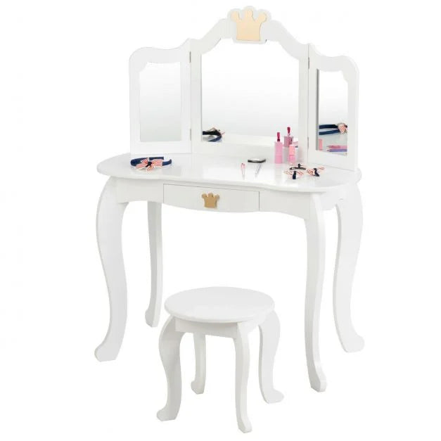 Girls Dressing Table with Stool, Tri-Fold Mirror & Drawer Organizer