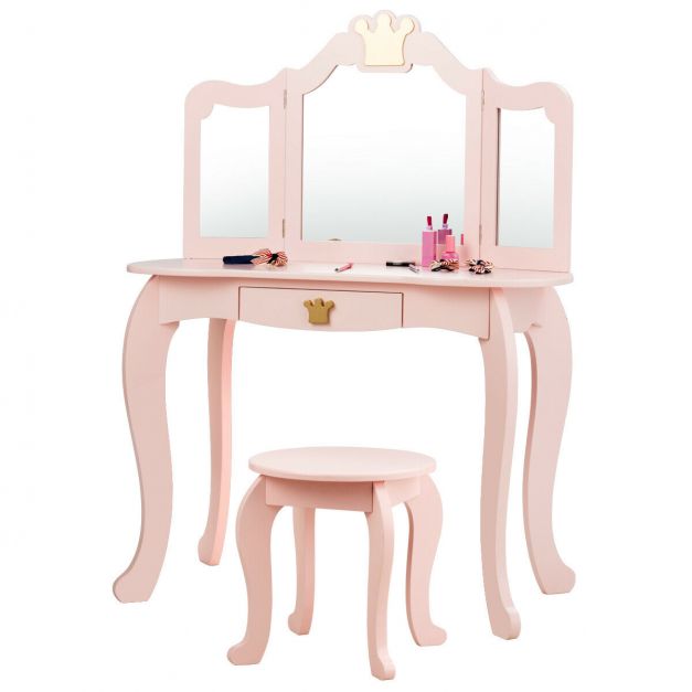 Girls Dressing Table with Stool, Tri-Fold Mirror & Drawer Organizer
