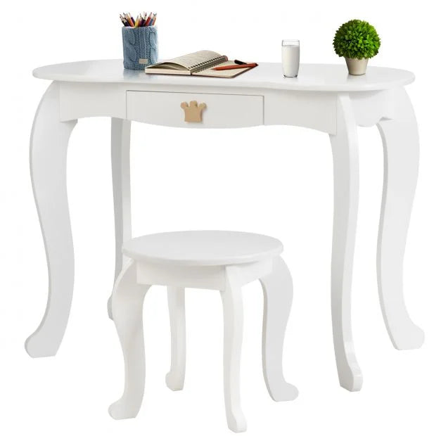 Girls Dressing Table with Stool, Tri-Fold Mirror & Drawer Organizer