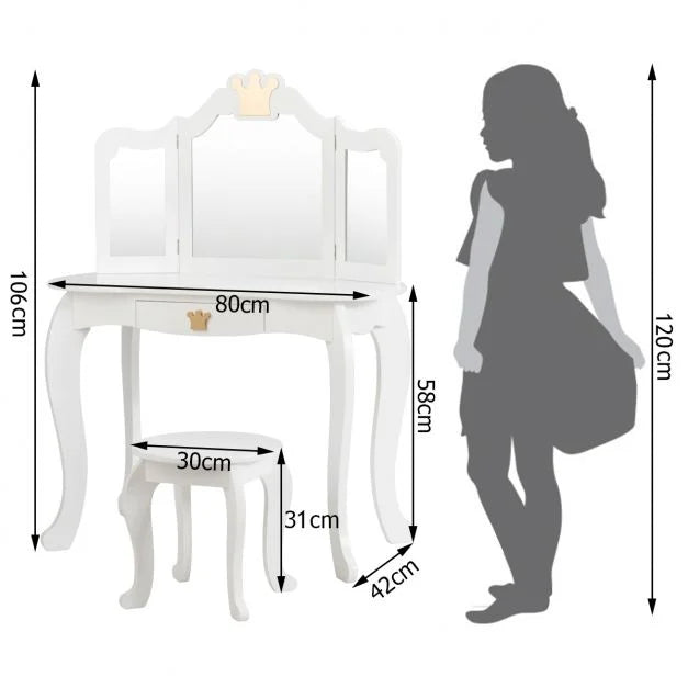 Girls Dressing Table with Stool, Tri-Fold Mirror & Drawer Organizer