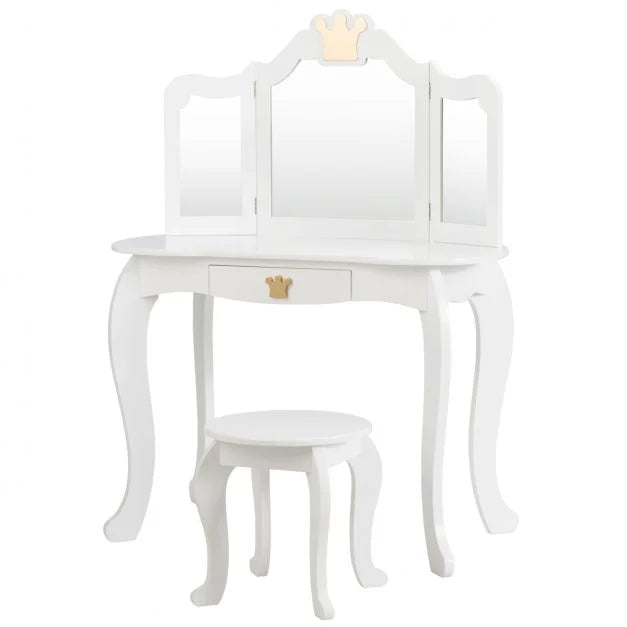 Girls Dressing Table with Stool, Tri-Fold Mirror & Drawer Organizer