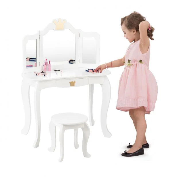 Girls Dressing Table with Stool, Tri-Fold Mirror & Drawer Organizer