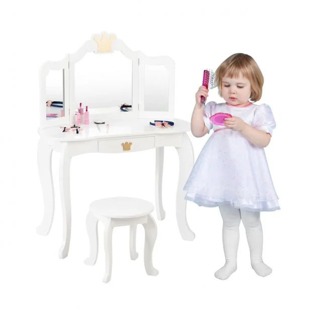 Girls Dressing Table with Stool, Tri-Fold Mirror & Drawer Organizer