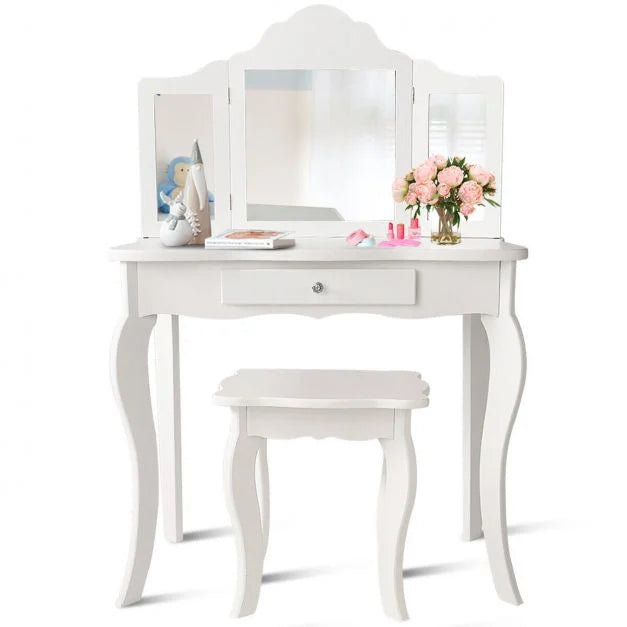 Wooden Kids Vanity Table with Stool and Detachable Folding Mirrors