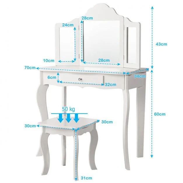 Wooden Kids Vanity Table with Stool and Detachable Folding Mirrors