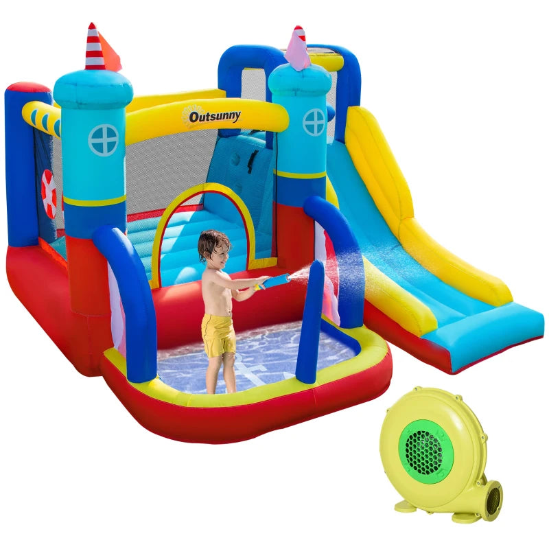 Sailboat Style Inflatable Bouncy Castle with Slide & Pool, Kids 3-8 Years, 2.65x2.6x2m