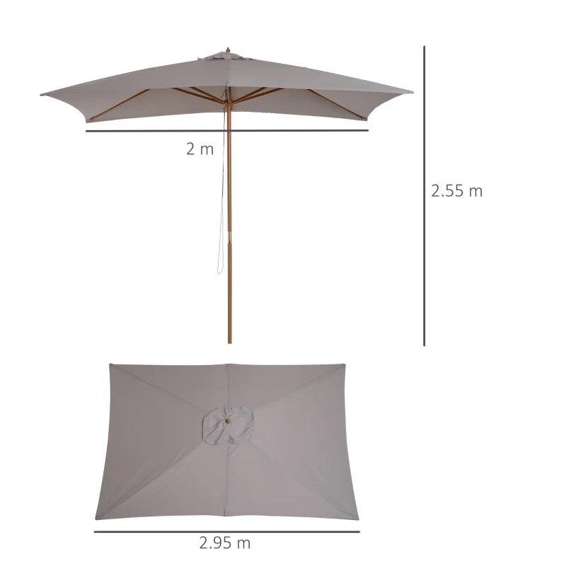 Durable Wooden Outdoor Parasol Umbrella with Vent and Rope Pulley - Light Grey, 2 x 3m