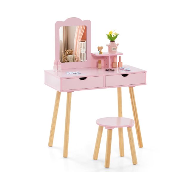 Kids Makeup Vanity Table with Stool, Square Mirror & Storage Shelf