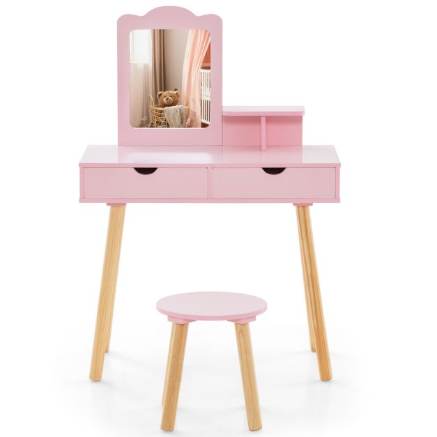 Kids Makeup Vanity Table with Stool, Square Mirror & Storage Shelf