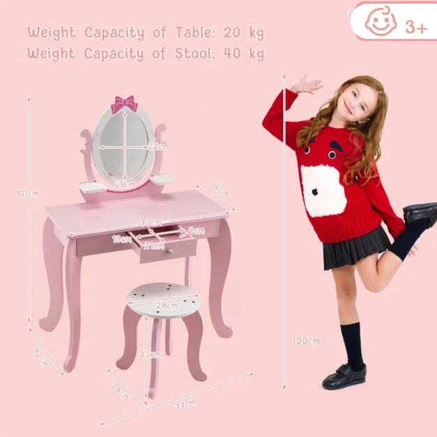 2-in-1 Kids Dressing Table Set with Stool & Rotating Mirror