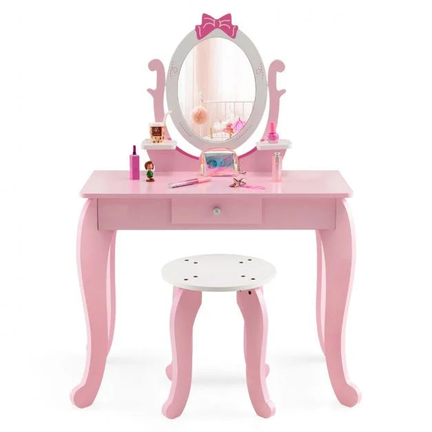 2-in-1 Kids Dressing Table Set with Stool & Rotating Mirror