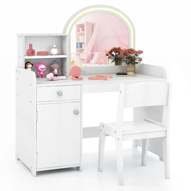 Kids Vanity Set with Chair, Shelves, Drawer, and Cabinet Organizer