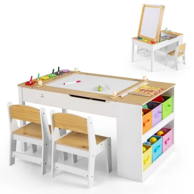 Kids 2-in-1 Art Table and Easel Set with Chairs & Adjustable Tabletop