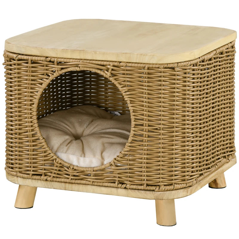 Elevated Wicker Cat House with Washable Cushion