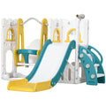 Yellow 6-in-1 Kids Swing and Slide Set with Basketball Hoop, Telescope & Storage Space
