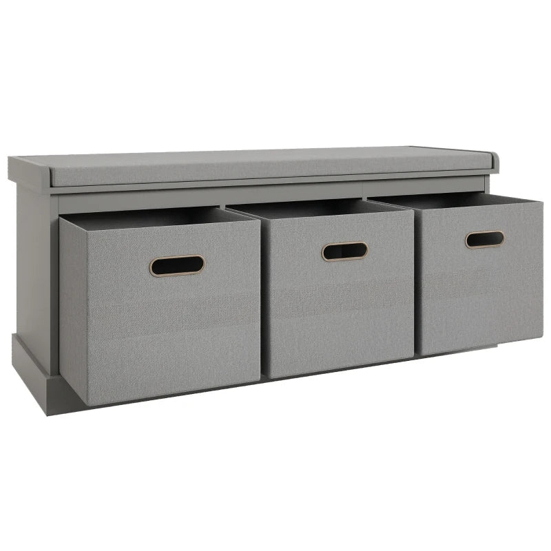 Grey Shoe Storage Bench with Cushioned Seat & 3 Pull-Out Drawers