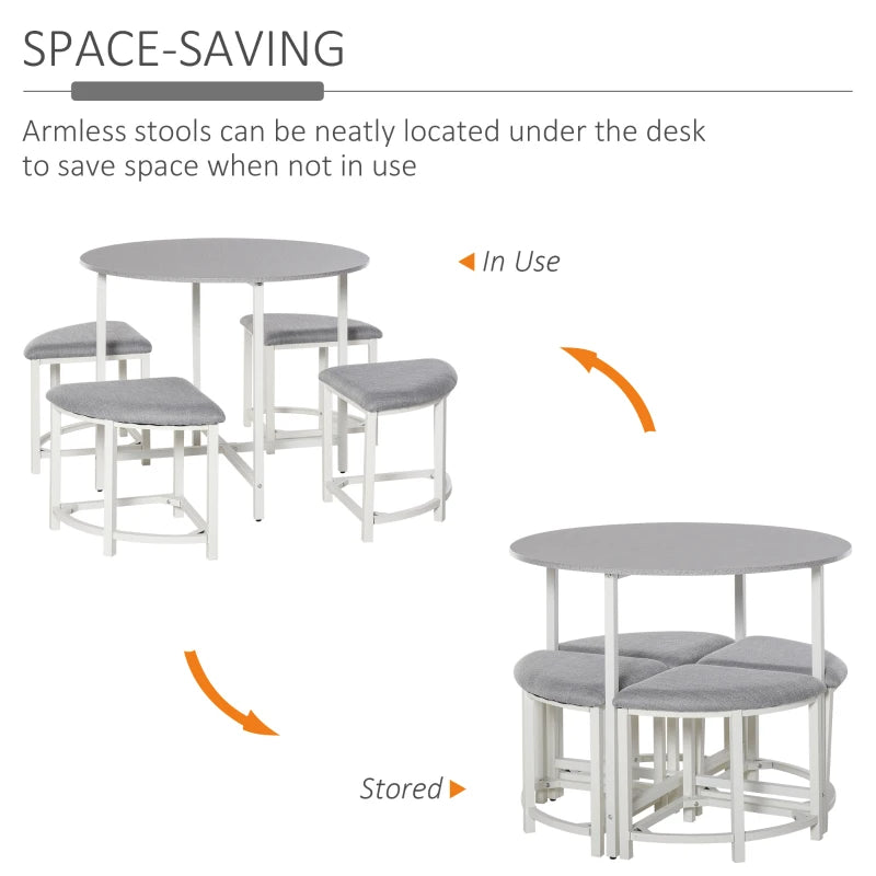 5-Piece Modern Dining Set, Round Table & 4 Grey Stools for Kitchen